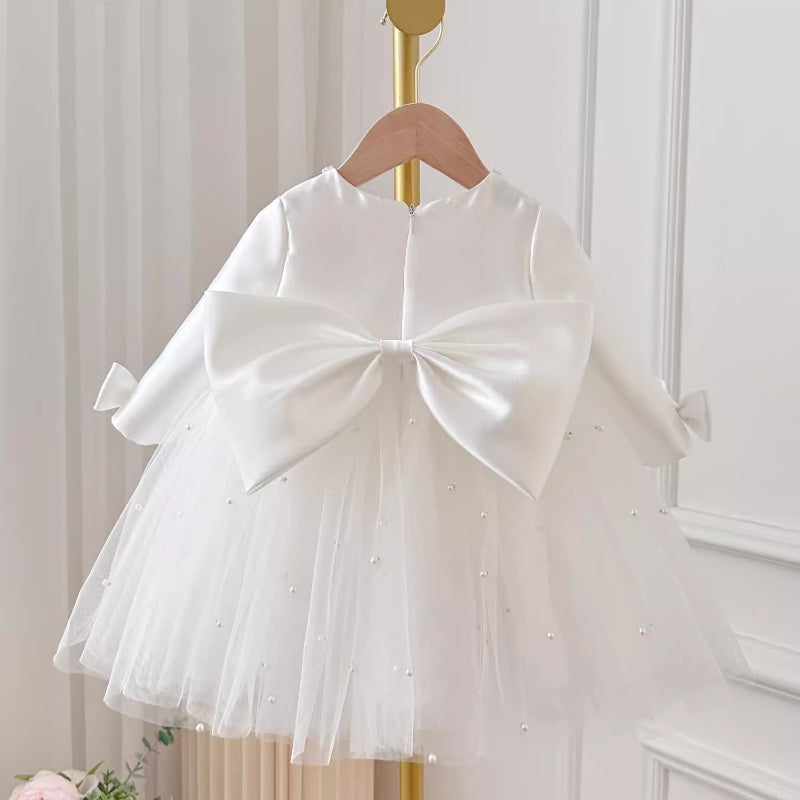 Elegant Baby Girl White Flower Girl Puff Princess Dress Toddler First Birthday Dress