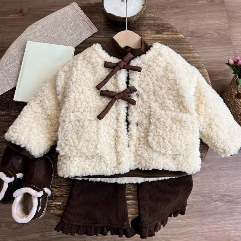 Girls' Winter Coat Bottoming Shirt and Pants Three-piece Set