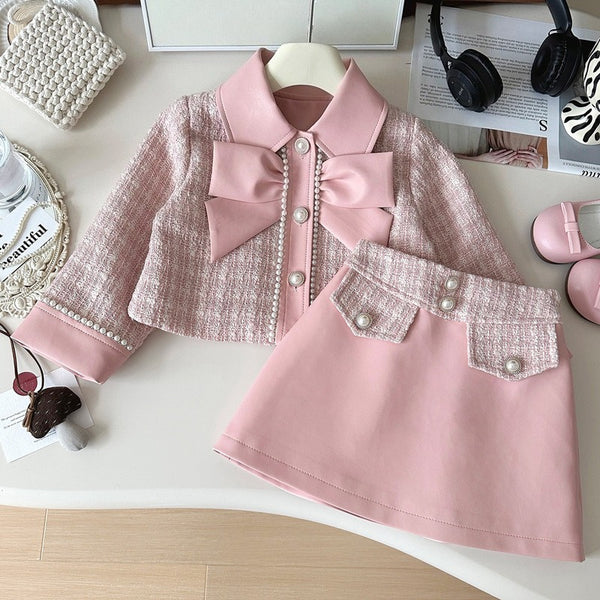 Spring Girls PU Leather Splicing Plaid Jacket Skirt Two-Piece Set