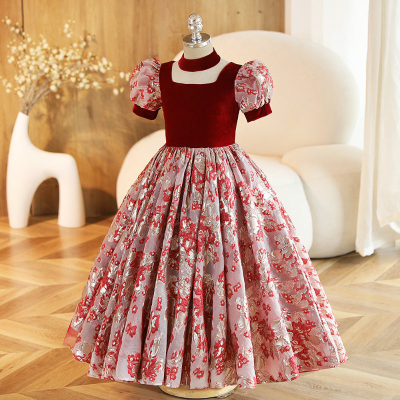 Elegant Baby Girl Burgundy Floral Square Neck Puff Sleeve Pleated Princess Dress Toddler Ball Gowns Toddler Prom Dress