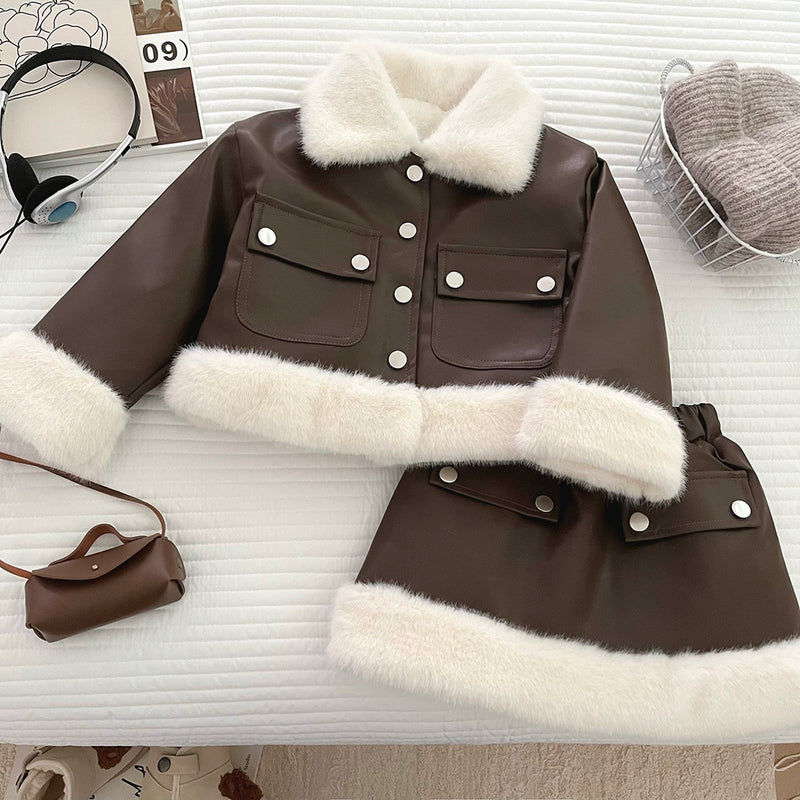 Winter Girls' Plush Patchwork Leather Jacket and Skirt Two-Piece Set