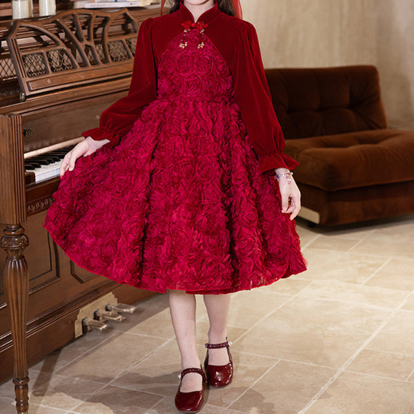 Girls Red Long Sleeve Birthday Dress Children Wedding Princess Dress