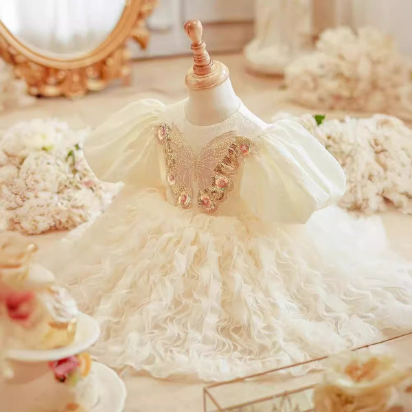 Elegant Baby Girl Butterfly Sequin First Communion Dress oddler Mesh Princess Dress