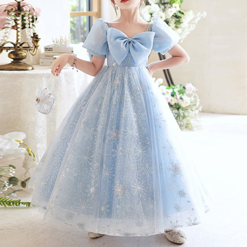 Cute Baby Girl Bow-knot Snowflake Sequins Dress Toddler Pageant First Birthday Princess Dress, Blue / 3-4 Years (110cm)