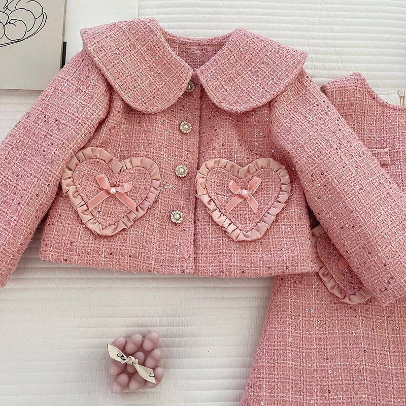 Girls' Winter Heart-Shaped Lace Coat Vest Dress Two-Piece Set