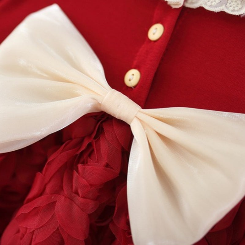 Girls Autumn Long Sleeve Bowknot 3D Rose Princess Dress