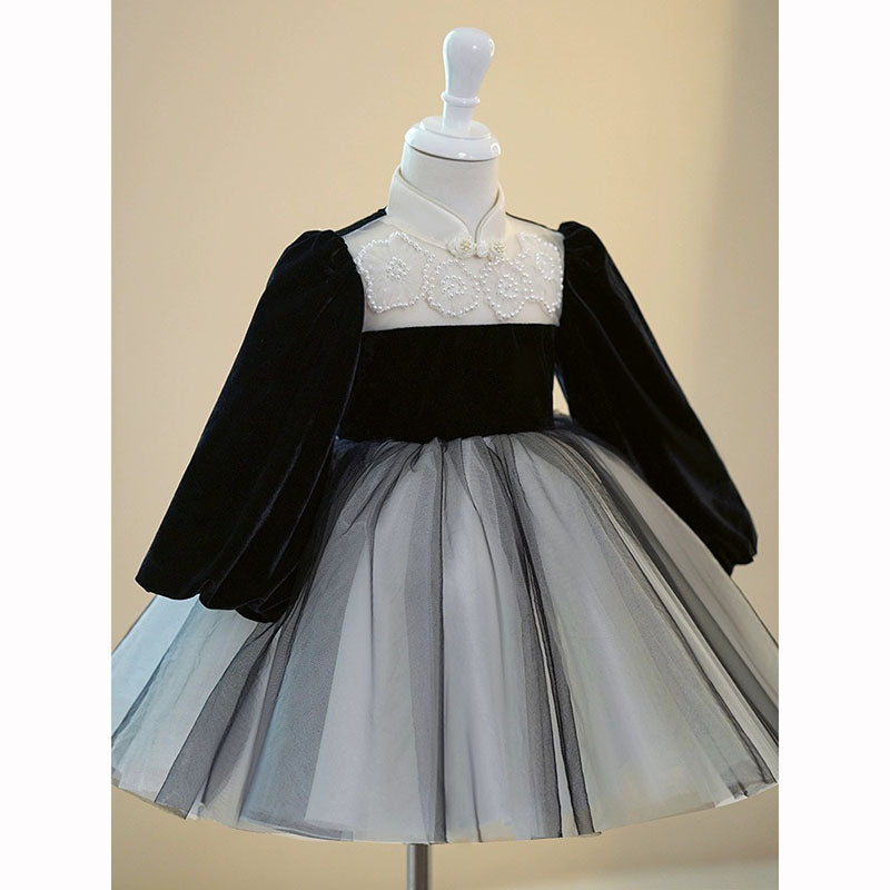 Elegant Baby Girls Black Button Catwalk Princess Dress Toddler Birthday Dresses