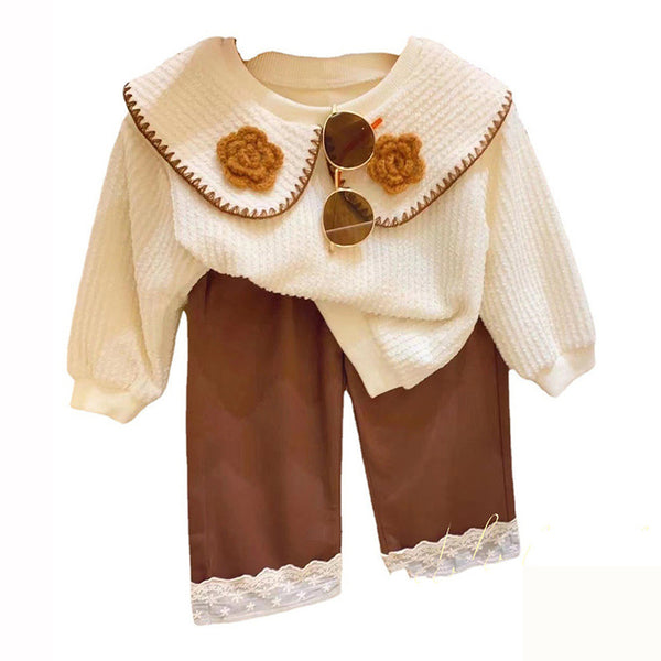 Cute Baby Girl Two-piece Doll Collar Bottoming Shirt Lace Wide-leg Pants