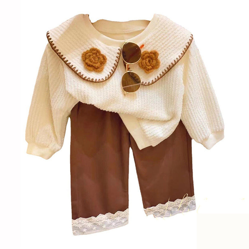Cute Baby Girl Two-piece Doll Collar Bottoming Shirt Lace Wide-leg Pants