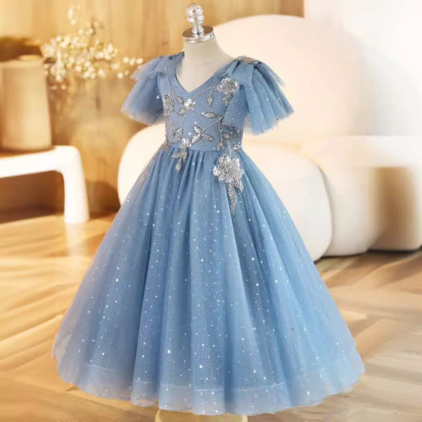 Elegant Baby Blue Sequined Long Dress Toddler Party Dresses
