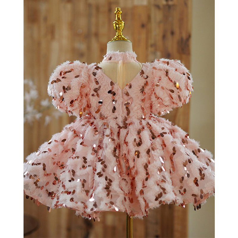 Elegant Baby Girls V-neck Sequined Puffy Princess Dress Toddler Costume, Pink / 3-4 Years (110cm)