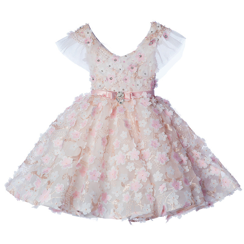 Cute Baby Girls Butterfly Sleeve V-neck Tutu Dress Toddler Flower Girl Catwalk Performance Princess Dress