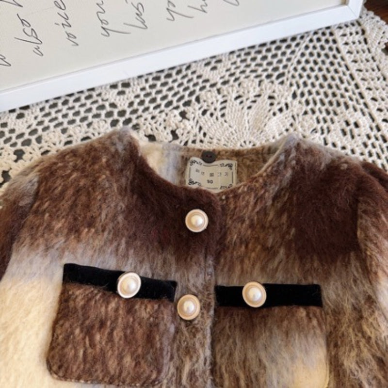 Girls Winter Quilted Thickened Raw Edge Coat Dress Two Piece Set
