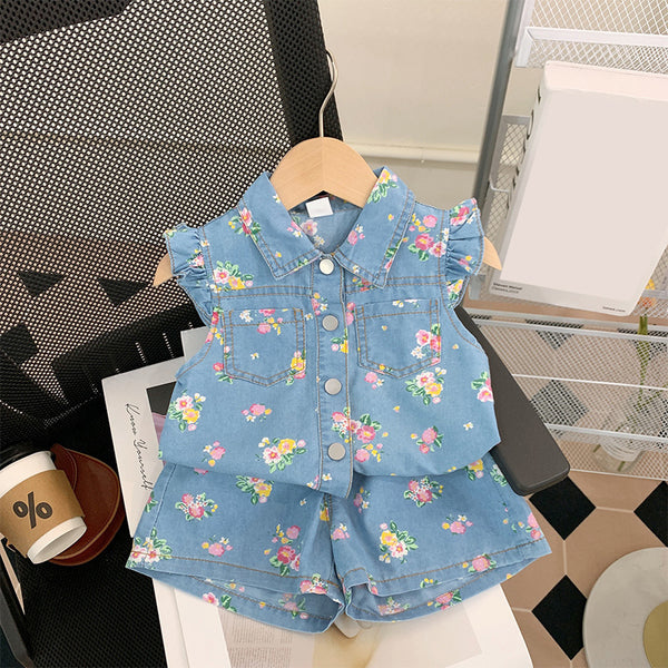 Cute Girl's Royal Blue Floral Denim Suit