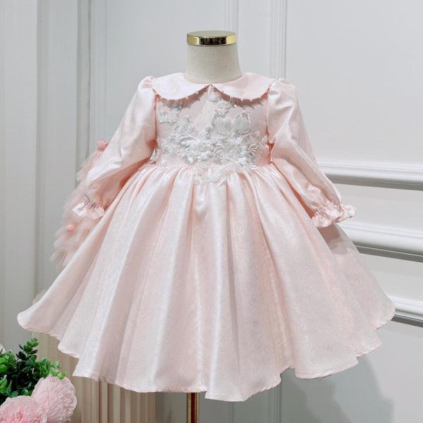 Elegant Baby Pink Doll Collar Puff Long Sleeve Patterned Princess Dress Toddler Pageant Dresses