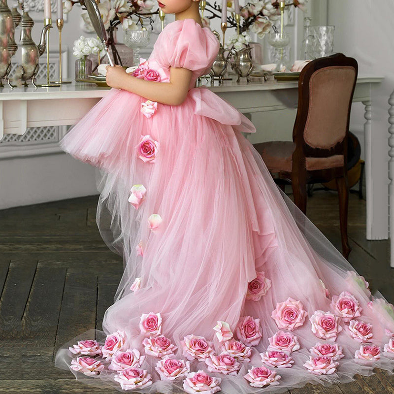 Pink Tail Frock For Girl Princess Ball Gown Girl Dress Long Frock