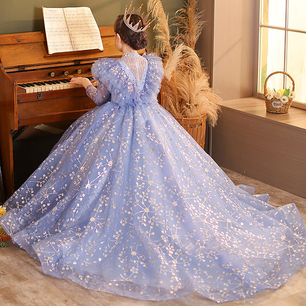 Blue Girls Evening Dress Princess Dress Children Wedding Dress Trailing Dress