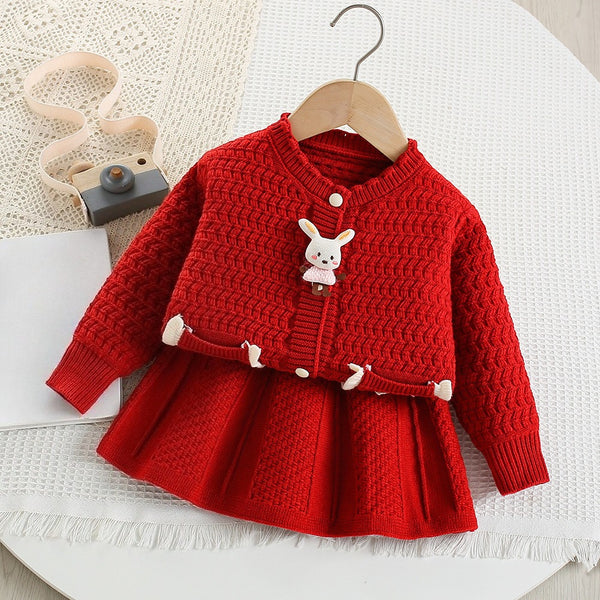 Girls' Cute Cartoon Knitted Cardigan Short Skirt Two-Piece Set