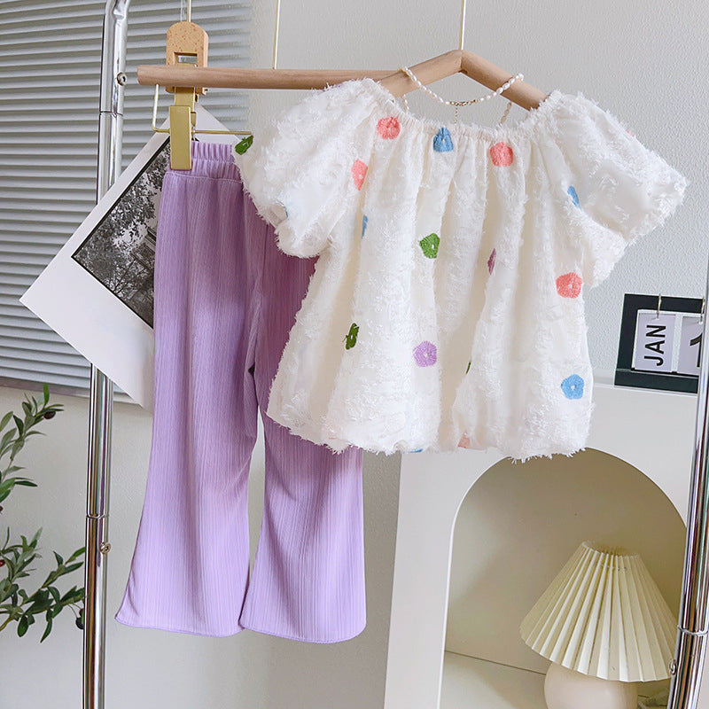 Cute Girls' Tassel Doll Collar Top and Flared Pants Two-piece Set