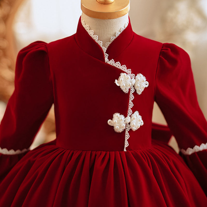Flower Girl Dress Baby Girl Birthday Dress Girl Red Party Velvet Princess Dress
