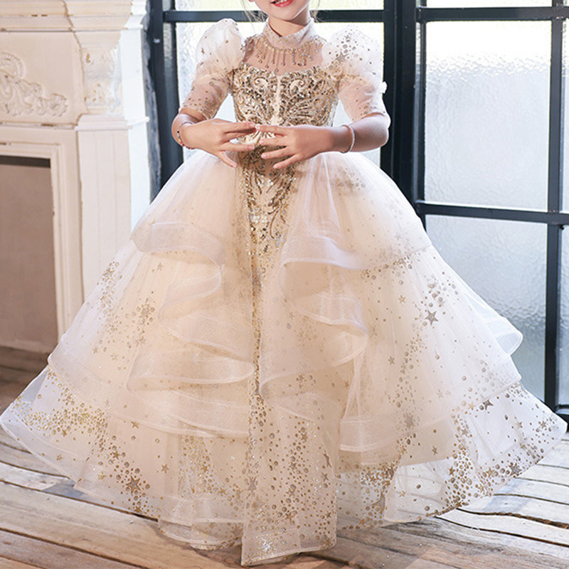 Elegant Baby Girl Long White Sequin Birthday Party Princess Dress Tod marryshe Elegant Baby Girl Long White Sequin Birthday Party Princess Dress Tod marryshe