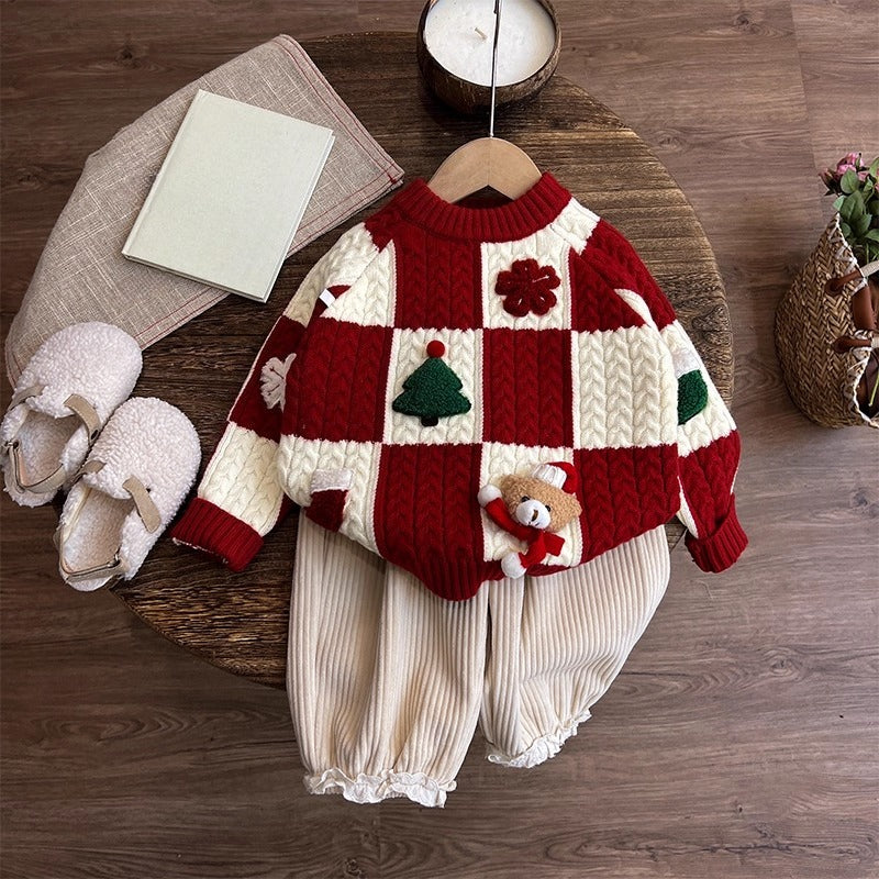 Girls' Autumn New Year Greetings Sweater and Pants Two-piece Set