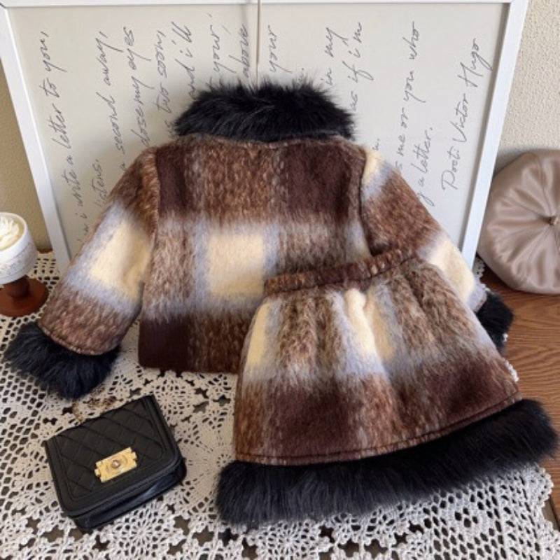 Girls Winter Quilted Thickened Raw Edge Coat Dress Two Piece Set