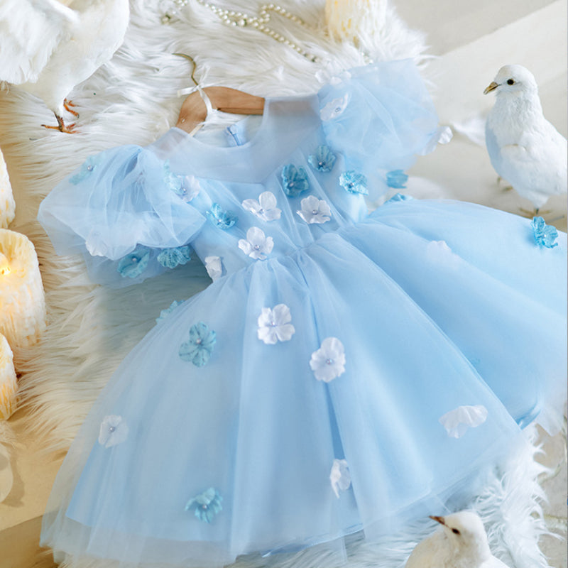 Blue Flower Girl Wedding Dress Girl Birthday Princess Dress
