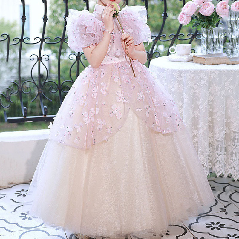 Flower Girl Dress Children Concealed Zip Stand Collar Flower Puffy Princess Dress