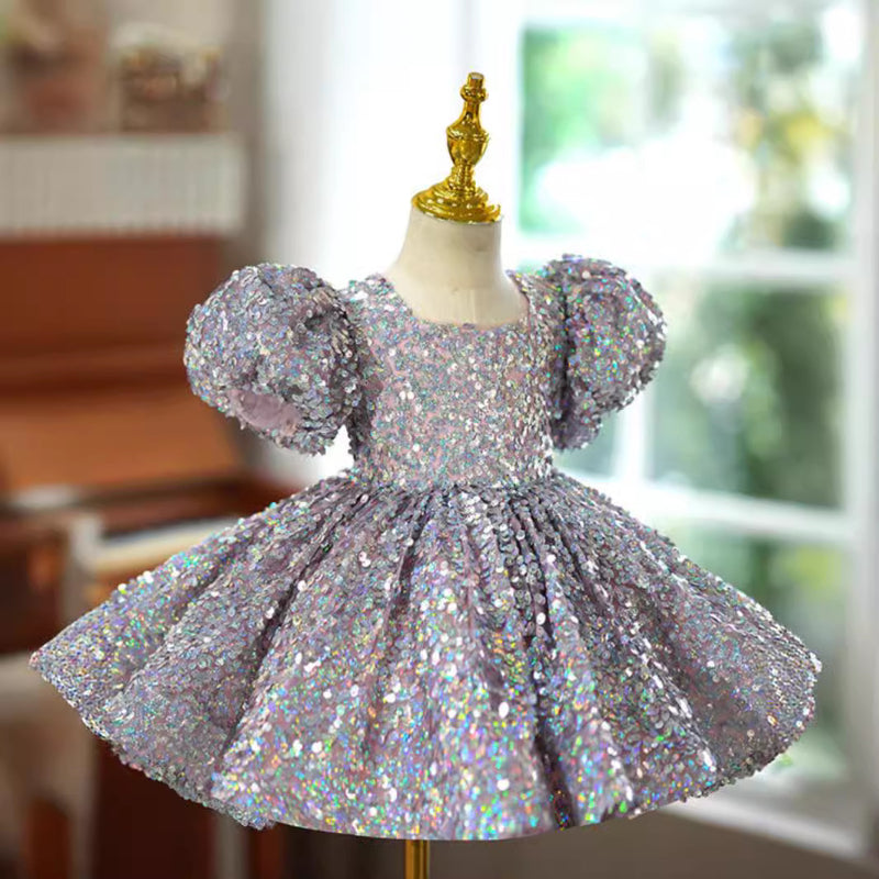 Elegant Baby Silver Sequin Puff Sleeve Puff Dress Toddler Prom Dress