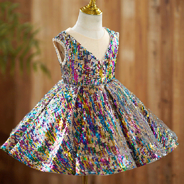 Cute Baby V Neck Baptism Dresses Toddler Sequin Dress