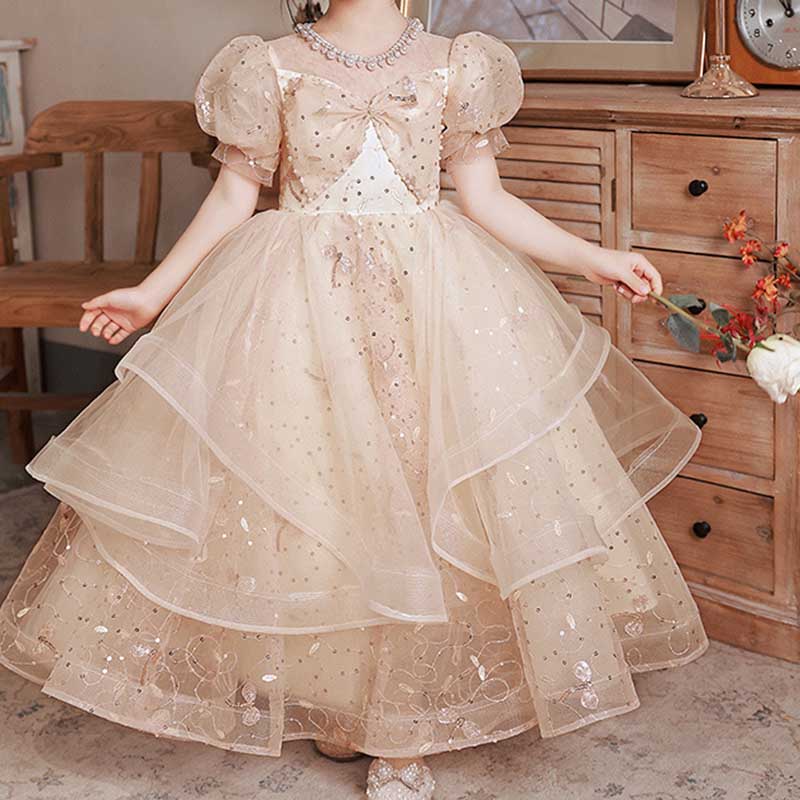 Cute Baby Girl Birthday Party Dress Beaded Bow Princess Dress