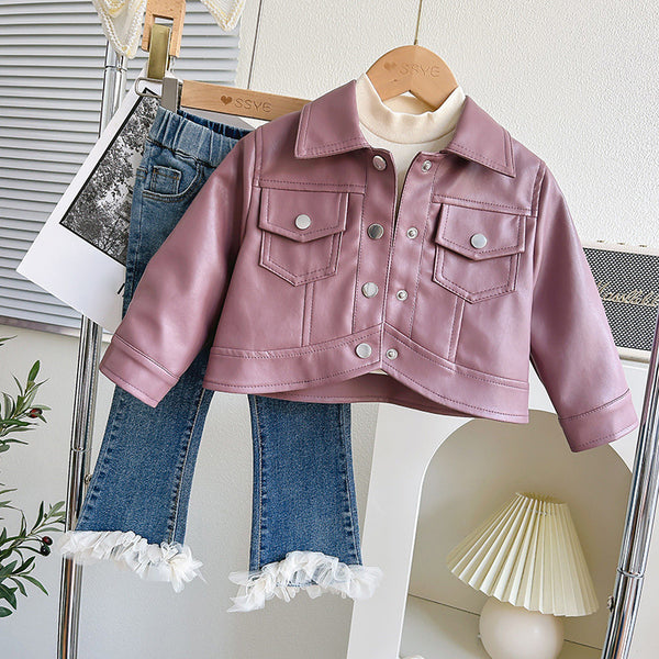 Girls Big Pocket Jacket Suit Casual Jeans Two-piece Set