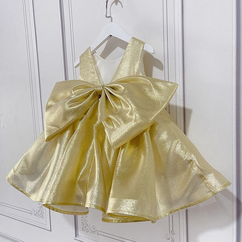 Baby Girl Gold Shiny Sleeveless Bow-knot Pageant Princess Dress