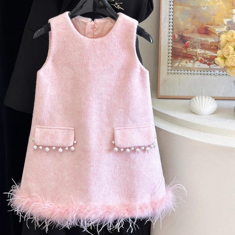 Girls' Winter Princess Coat Vest Dress Two-piece Set