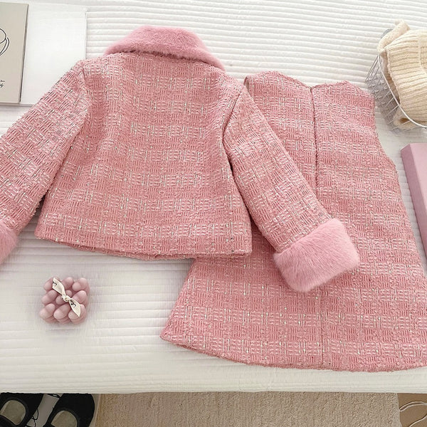 Girls New Winter Coat Vest Dress Two-piece Set