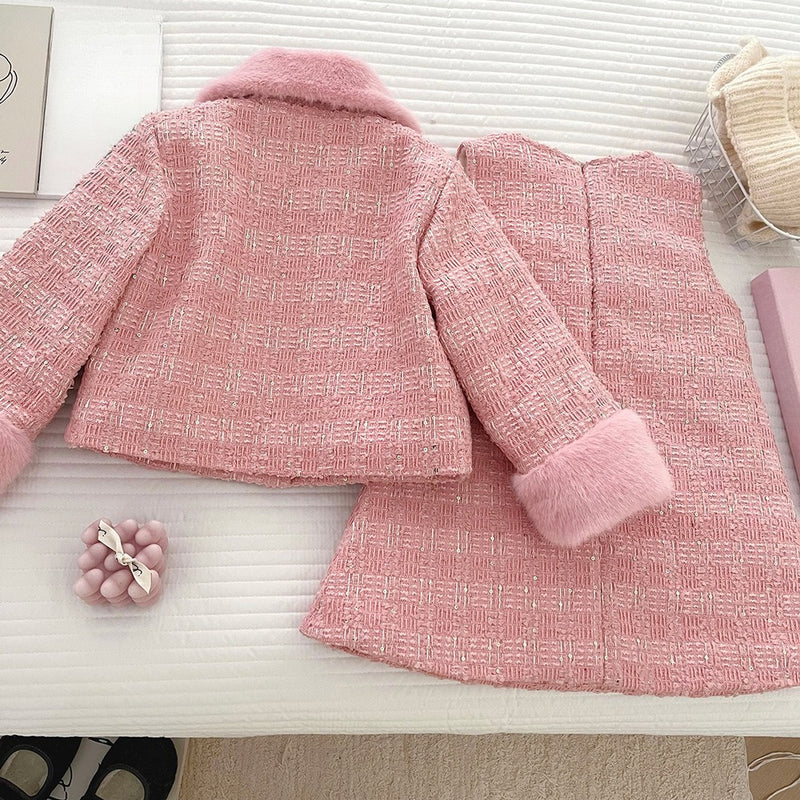 Girls New Winter Coat Vest Dress Two-piece Set
