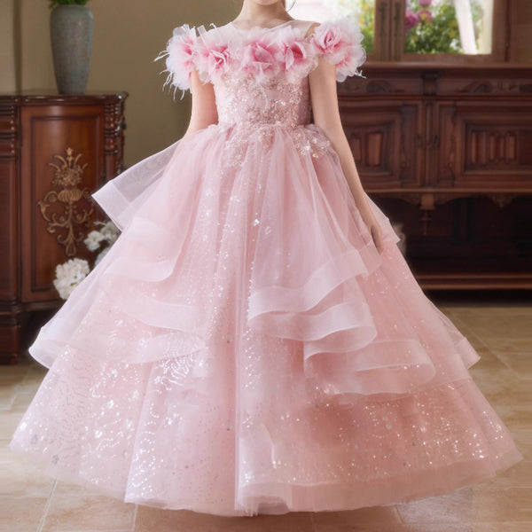Pink Girls Birthday Dress Flower Girl Puff Dress Children's Party Dress