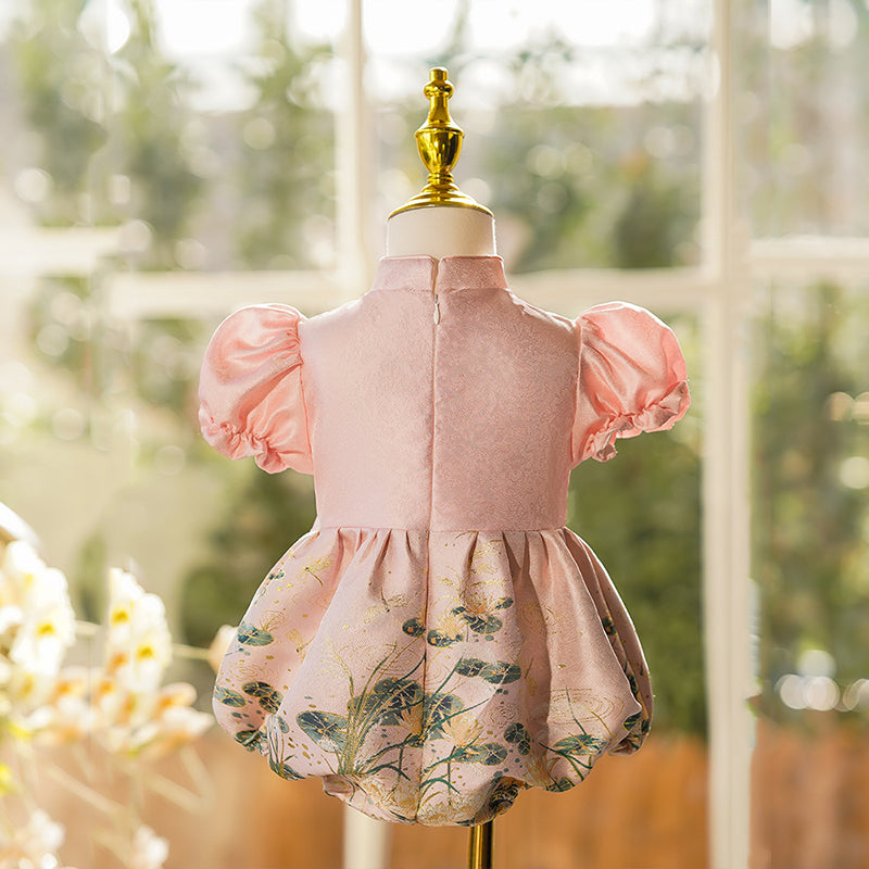 Pink Lotus Leaf Pattern Buckle Baby Romper