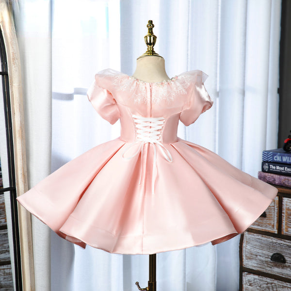Elegant Baby Girls Pink Puff Sleeve Princess Dress Toddler First Communion Dress