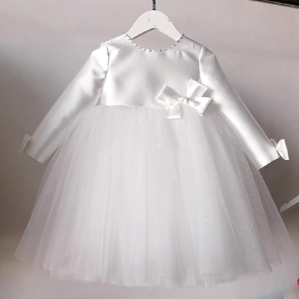 Cute Baby Girl Satin Mesh Fluffy Bow Dress Toddler Communion Dress