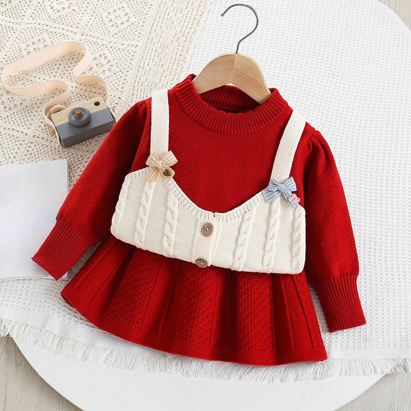 Girls' Fake Two-piece Knitted Cable Pullover Skirt Two-piece Set