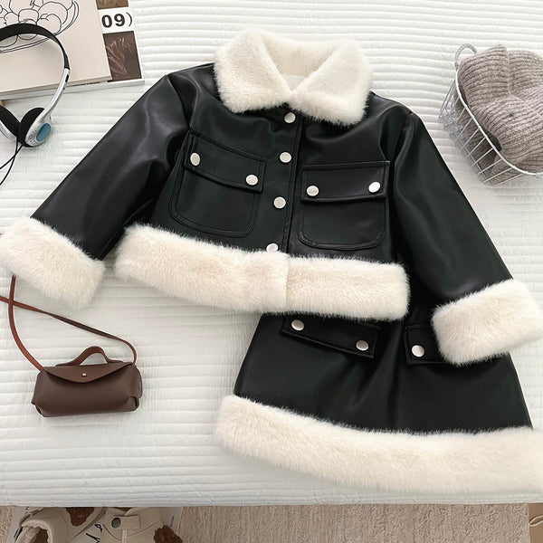Winter Girls' Plush Patchwork Leather Jacket and Skirt Two-Piece Set