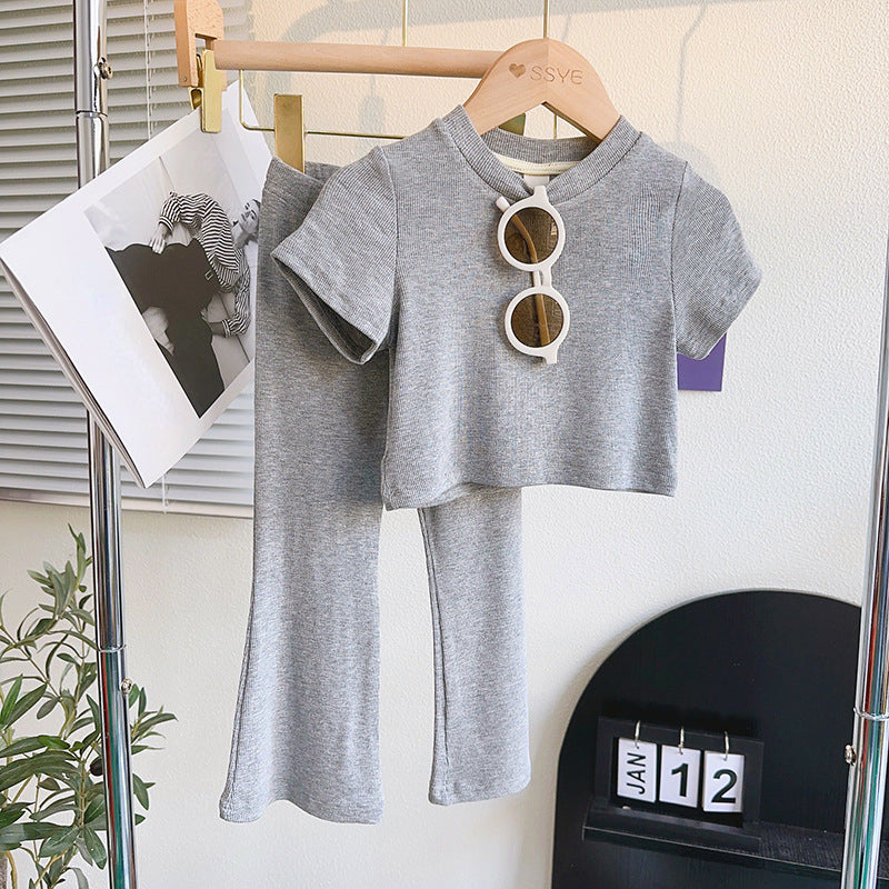 Cute Baby Girl Round Neck Short-sleeved Top Nine-quarter Wide-leg Pants Suit