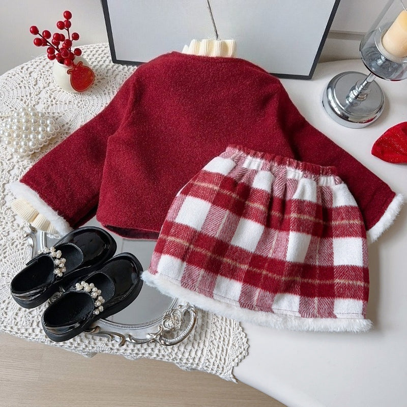 Winter Girls' Jacket and Plaid Skirt Two-Piece Set