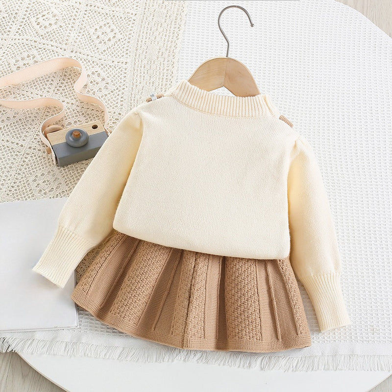 Girls' Fake Two-piece Knitted Cable Pullover Skirt Two-piece Set