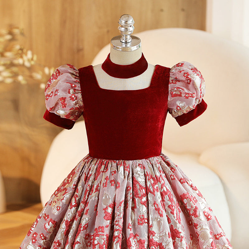 Elegant Baby Girl Burgundy Floral Square Neck Puff Sleeve Pleated Princess Dress Toddler Ball Gowns Toddler Prom Dress