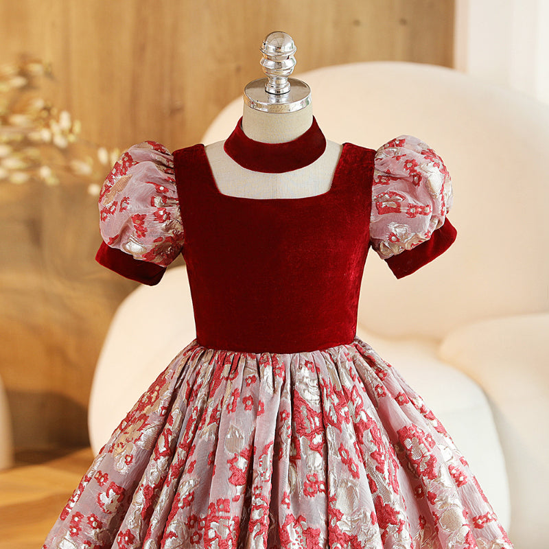 Elegant Baby Girl Burgundy Floral Square Neck Puff Sleeve Pleated Princess Dress Toddler Ball Gowns Toddler Prom Dress Elegant Baby Girl Burgundy Floral Square Neck Puff Sleeve Pleated Princess Dress Toddler Ball Gowns Toddler Prom Dress