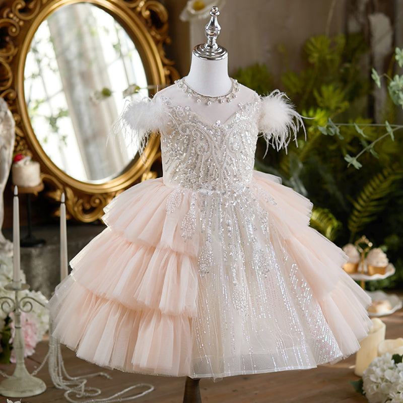 Girls Birthday Gorgeous Princess Dress Flower Girl Wedding Feather Dress