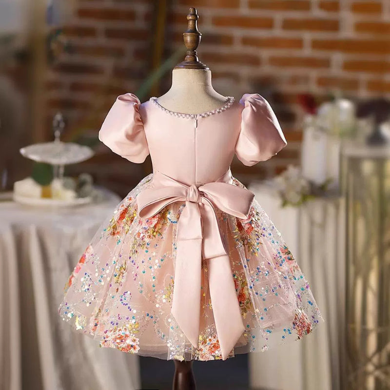 Elegant Baby Girls Pink Waist Bow Puff Princess Dress Toddler Birthday Sequined Dress